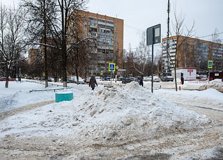 Несанкционированная свалка грязных снежных отходов, содержащих антигололёдные реагенты, на части тротуара и зелёных насаждениях, Молодёжная улица, в районе дома №22