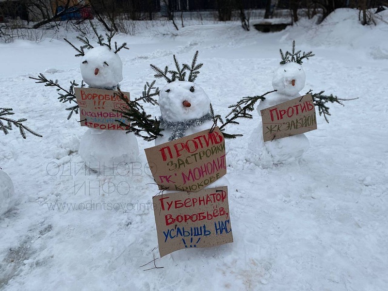 «Против застройки ГК Монолит», «Губернатор Воробьёв, услышь нас!», Митинг снеговиков против стройки ЖК в деревне