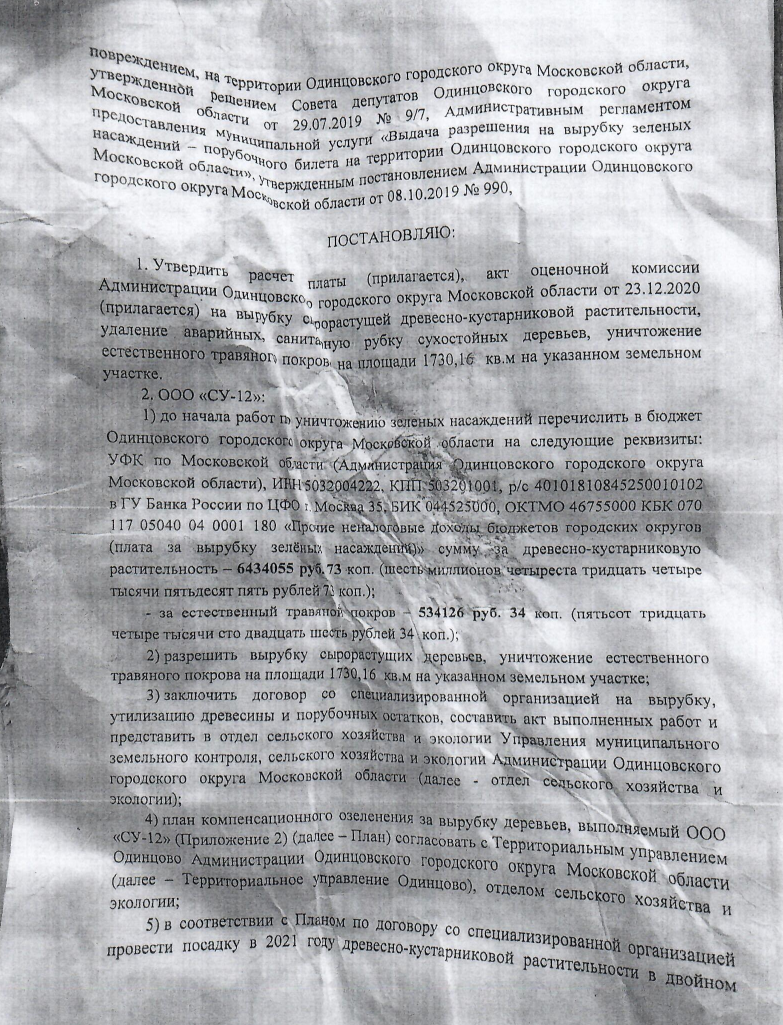 Постановление 2, Последствия вырубки деревьев в Одинцово-1
