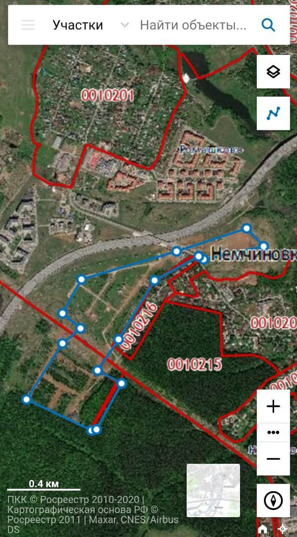 Участки на публичной кадастровой карте (выделены синим), ЖК «Ромашково 2» планируют построить на первой линии Северного обхода Одинцово