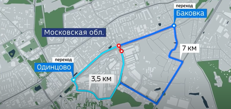 Расстояние от ликвидированного перехода через пути до моста на станции «Одинцово» и тоннеля на станции «Баковка», Февраль