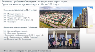 Решение проблем обманутых дольщиков в Одинцовском округе, кадр из презентации на совещании администрации