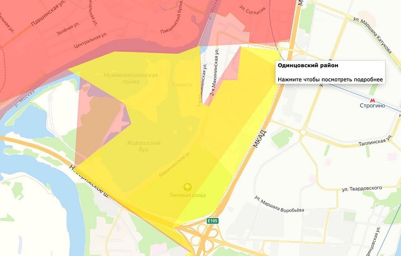 Жёлтым выделена территория, которую предлагают передать городскому округу Красногорск, Депутаты Красногорска предложили присоединить к своему округу часть территории Одинцовского