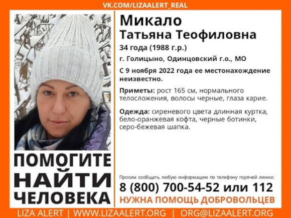 Татьяну Теофиловну Микало разыскивают в Одинцовском округе, Ноябрь