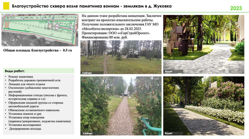 Благоустройство сквера возле памятника воинам-землякам в деревне Жуковка, 3 общественные территории благоустроят в Одинцовском округе в 2023 году