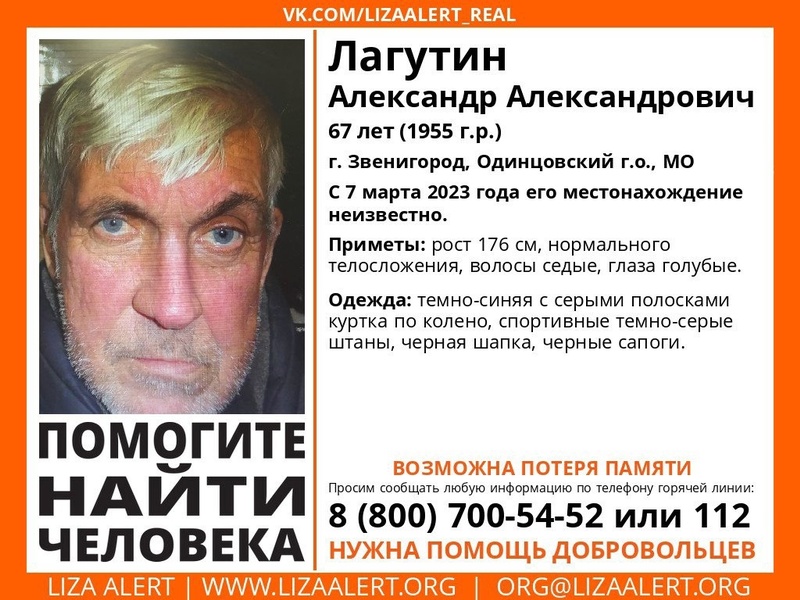 67-летнего Александра Лагутина разыскивают в Одинцовском округе, Март