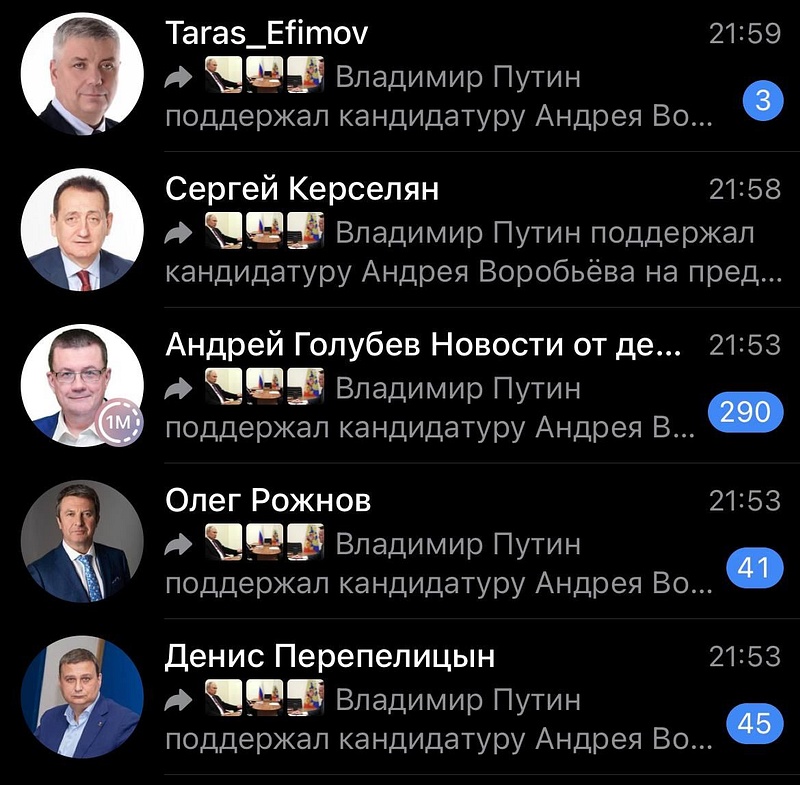 Депутаты Мособлдумы с разницей в несколько минут опубликовали пост, Путин поддержал решение Воробьёва участвовать в выборах губернатора Подмосковья