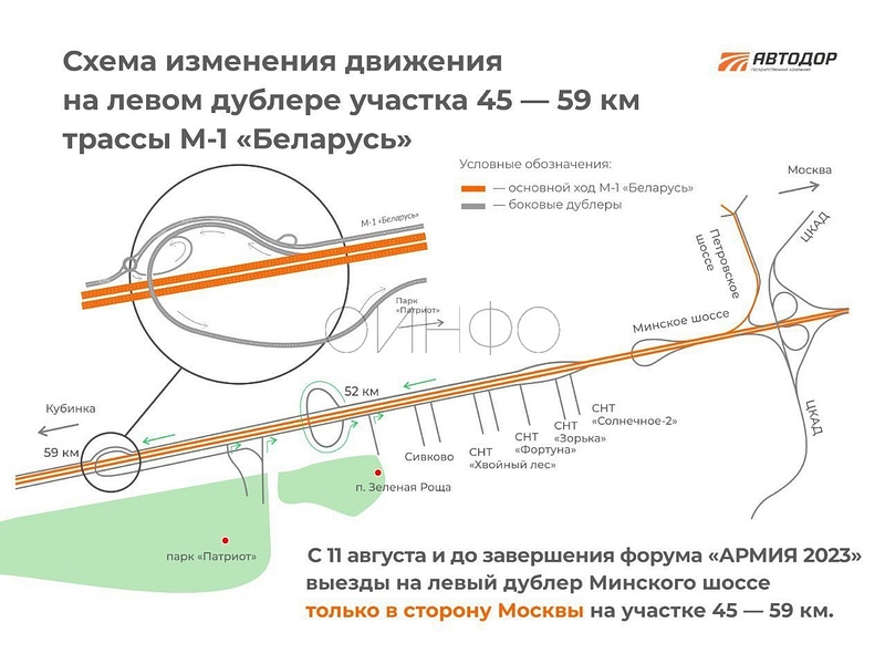 Схема движения с 11 августа и до завершения форума «Армия 2023» на Минском шоссе, На трассе М-1 «Беларусь» запустили новую транспортную развязку к парку «Патриот»