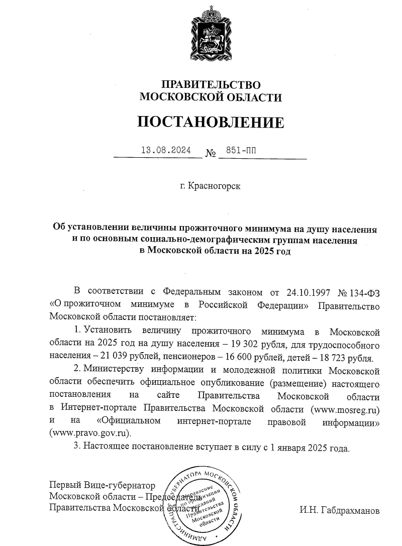 Постановление правительства Подмосковья о прожиточном минимуме на 2025 год, Август