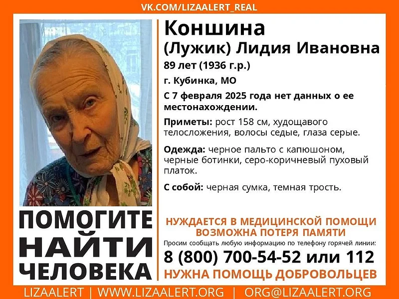 89-летняя Лидия Ивановна Коншина пропала в Кубинке, Февраль