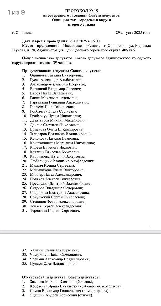 Список голосовавших и отсутствовавших на заседании, Результаты голосования совета депутатов Одинцовского округа по повышению платы за содержание жилых помещений в многоквартирных домах