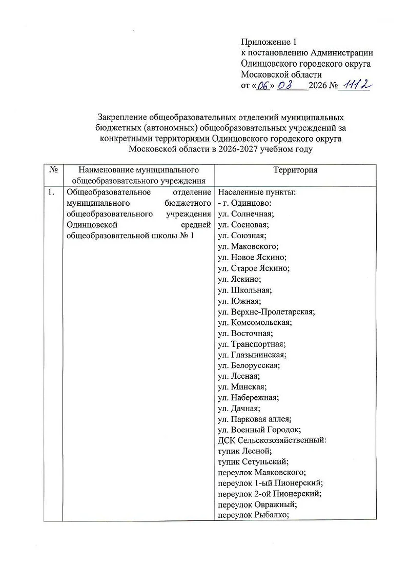 Одинцовская школа № 1, Закрепление домов за школами Одинцовского округа в 2026/2027 учебном году