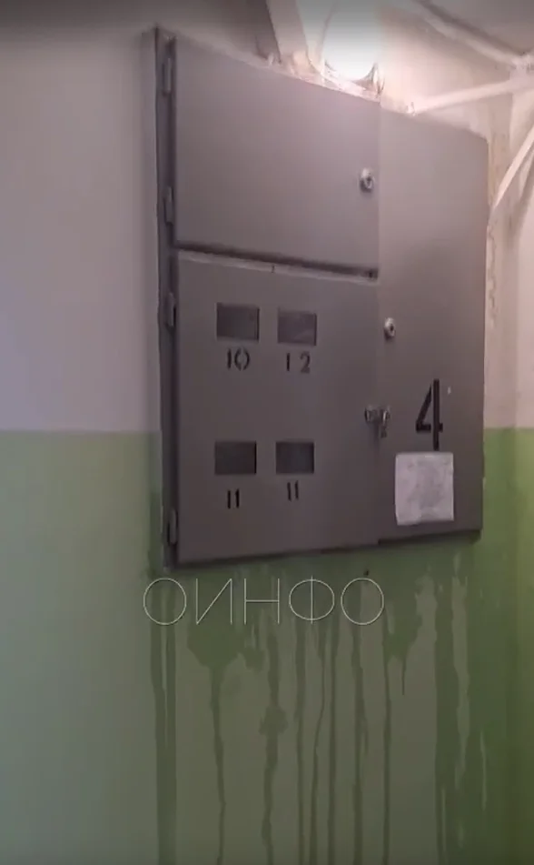 Вода течёт по стенам и электрощиткам в подъезде дома в Новом Городке